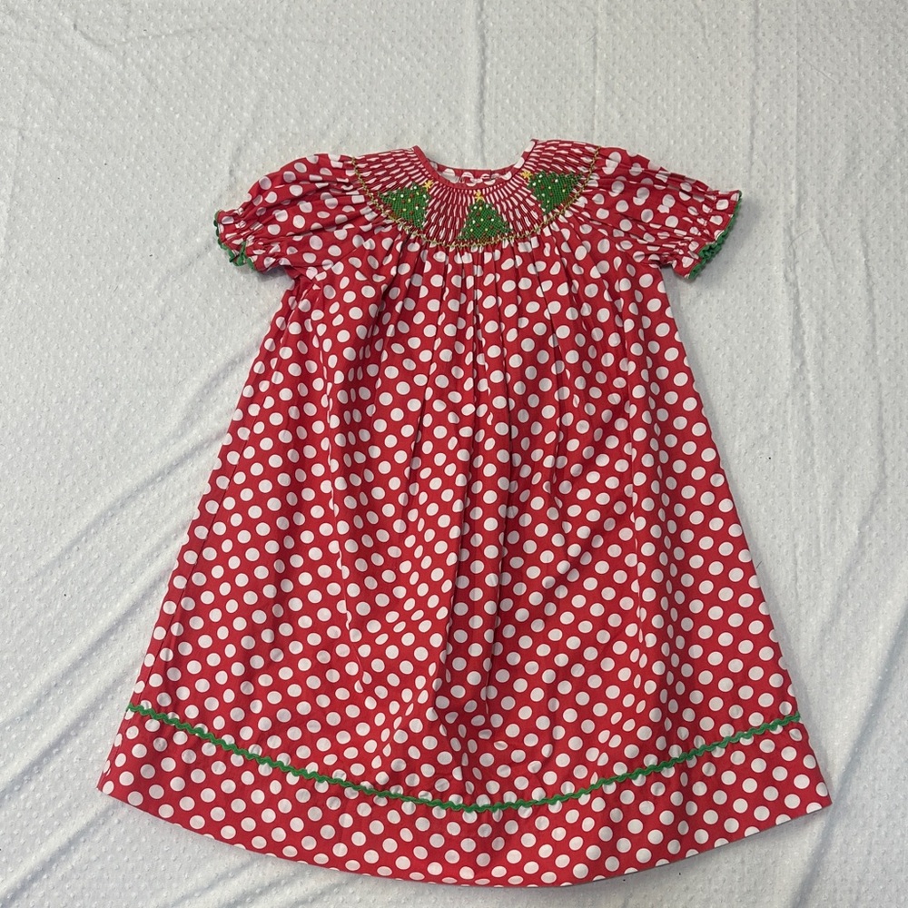 BE MINE Smocked Red White Polka Dot Christmas Tree Holiday Dress 4T